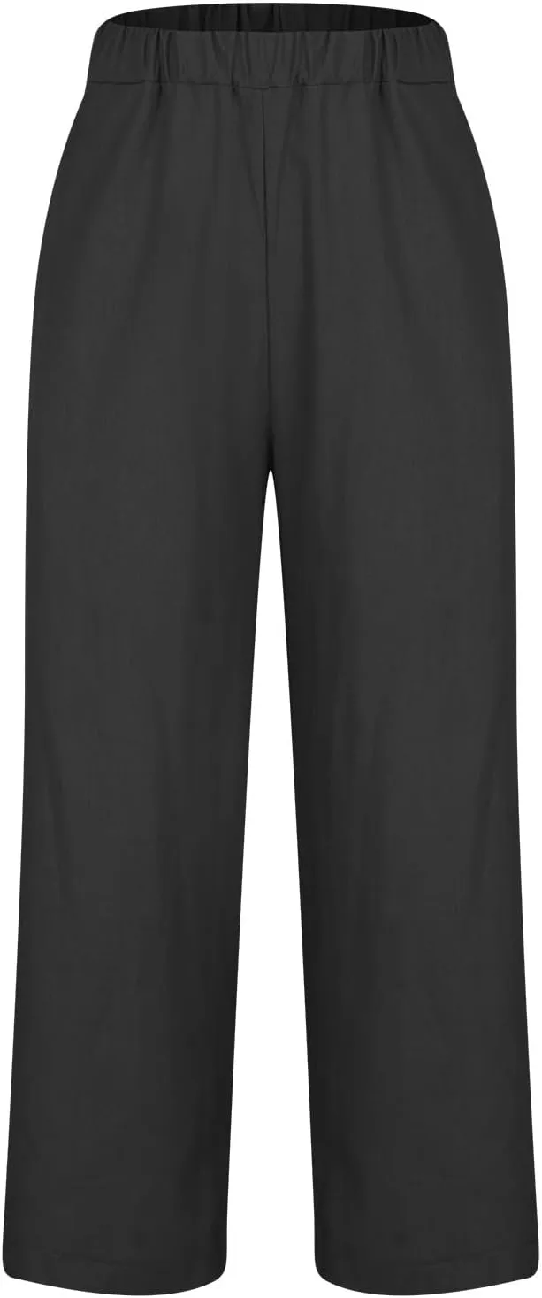 Womens Linen Pants Casual Lightweight Elastic Waist Pants Summer Wide Leg Work Pant Loose Beach Trousers with Pockets