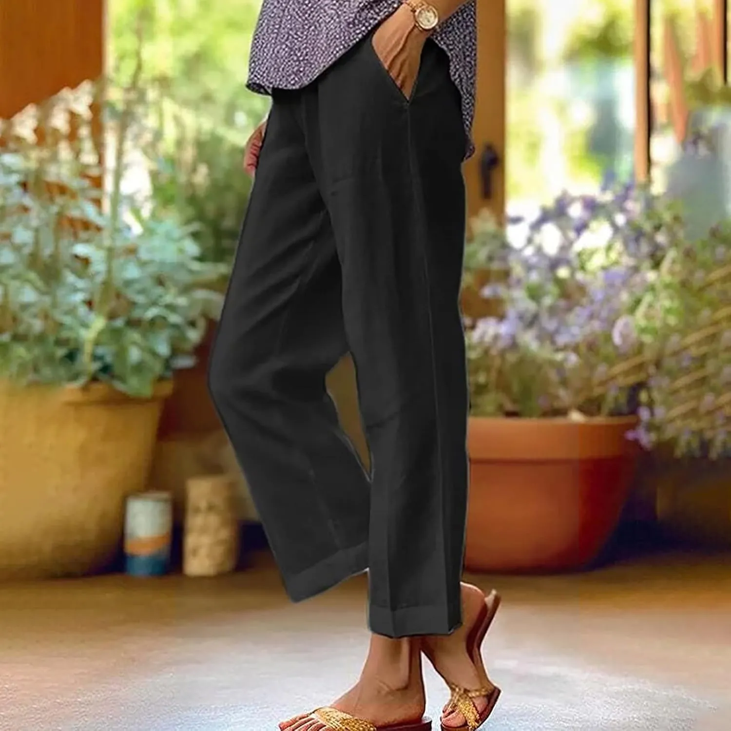 Womens Linen Pants Casual Lightweight Elastic Waist Pants Summer Wide Leg Work Pant Loose Beach Trousers with Pockets