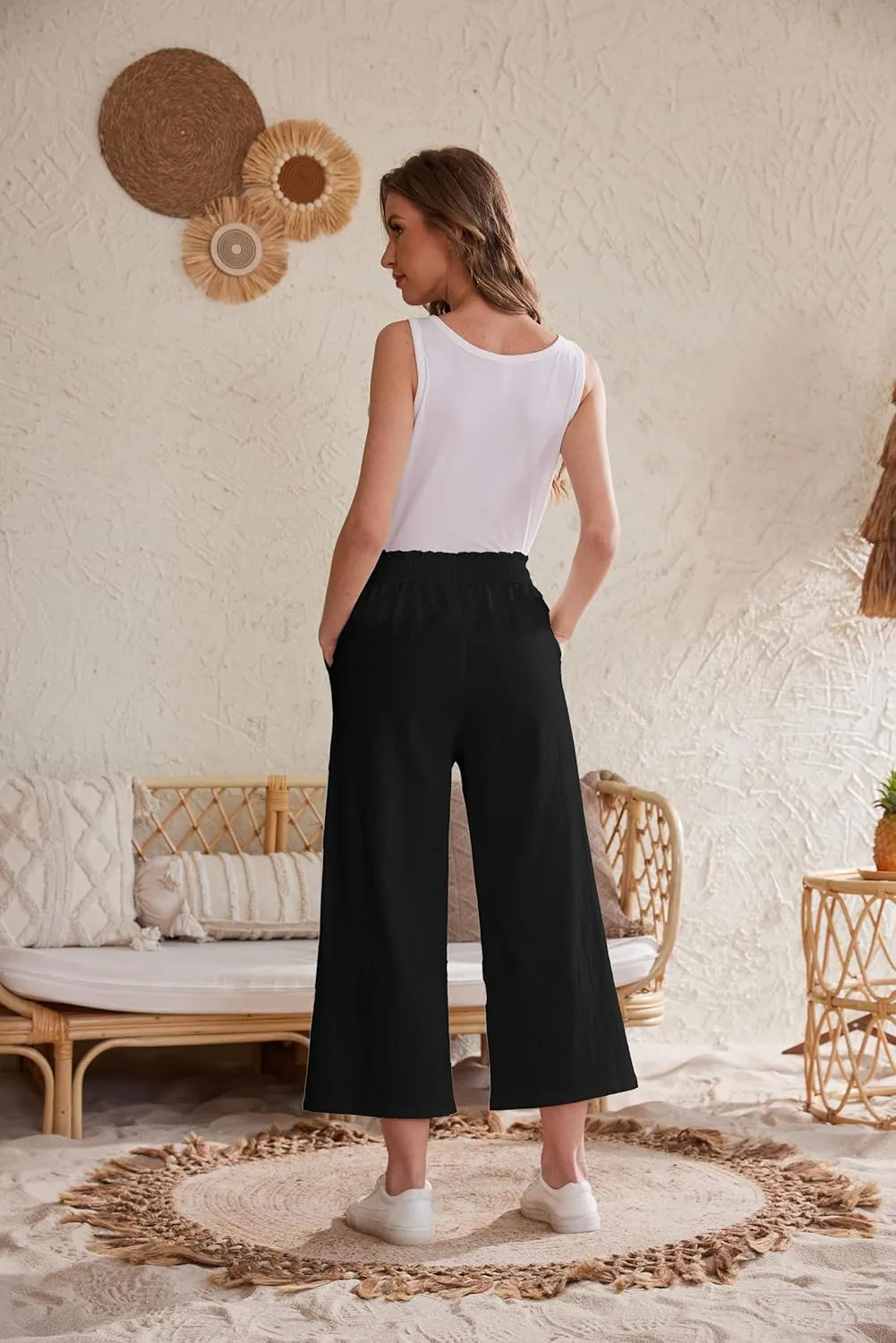 Womens Linen Wide Leg Pants High Waisted Drawstring Baggy Loose Beach Pants with Pockets