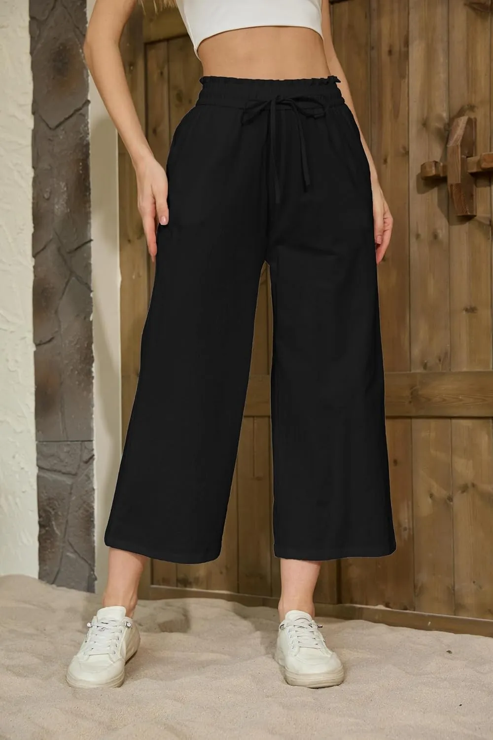 Womens Linen Wide Leg Pants High Waisted Drawstring Baggy Loose Beach Pants with Pockets
