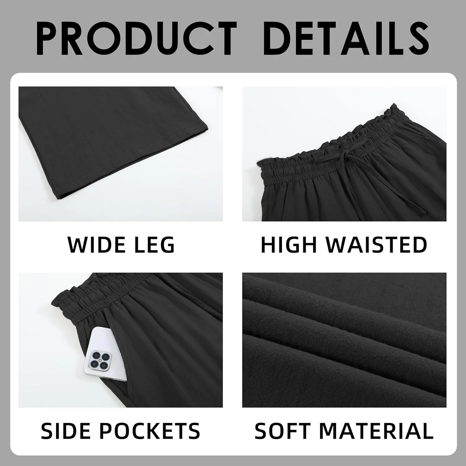 Womens Linen Wide Leg Pants High Waisted Drawstring Baggy Loose Beach Pants with Pockets