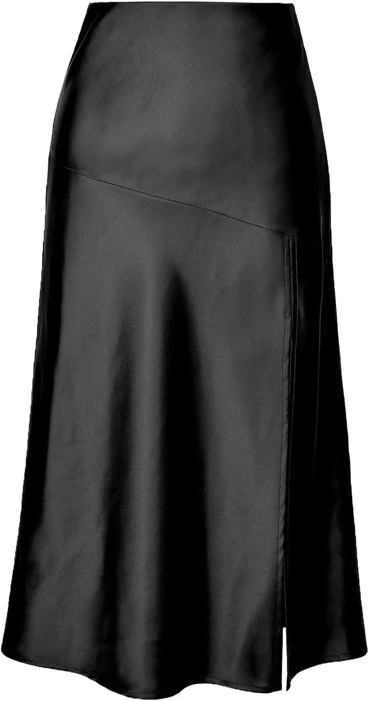 Women's Long Satin Skirts High Waisted Split Bodycon Skirt Elegant Cocktail Party Wedding Flared A-Line Midi Skirts