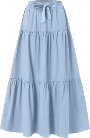 Womens Maxi Skirt Daily Casual Elegant Solid Color Flowy Swing Long A Skirt Vintage Elastic Waist Skirts