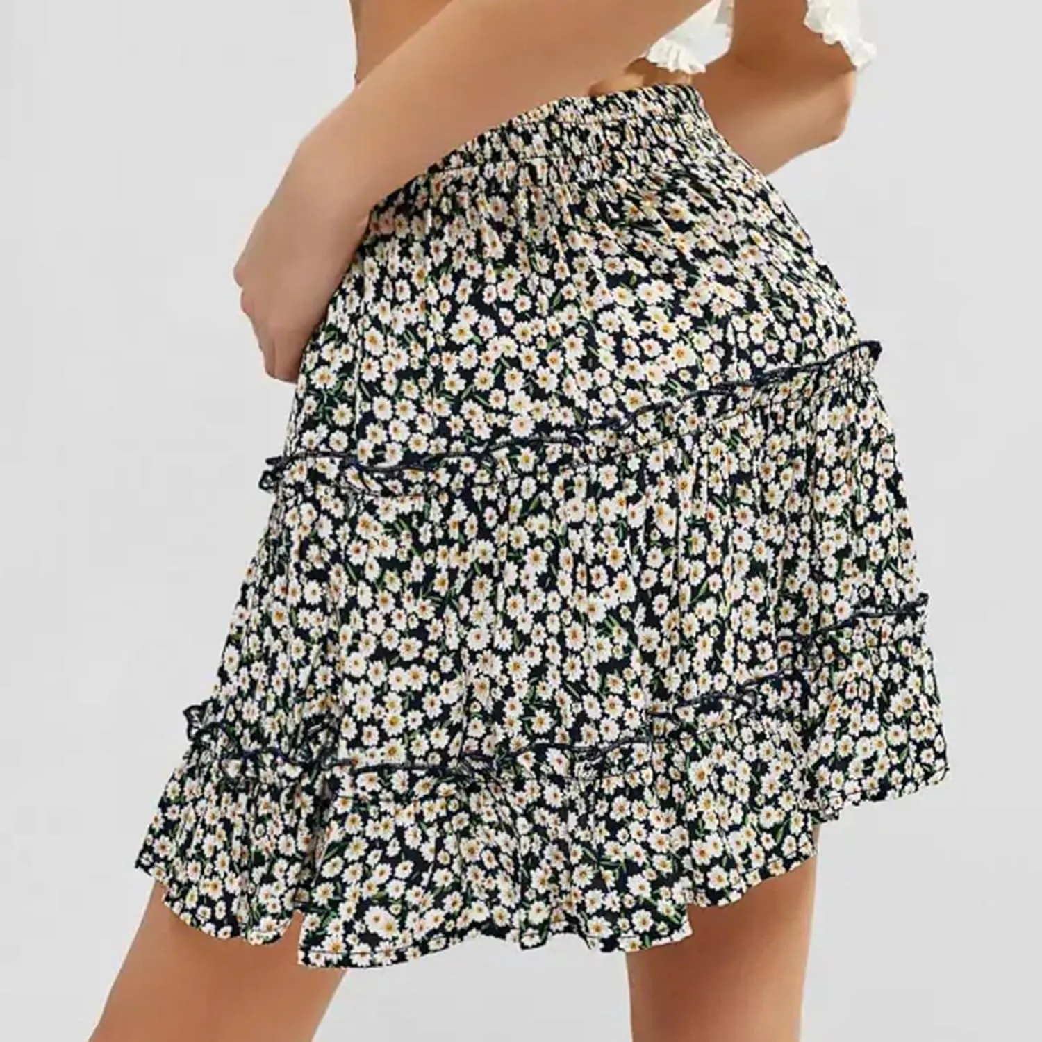 Women's Mini Skirt Summer Casual Stretch Waist Print Pleated Flared A Line Skater Shirt, S-2XL