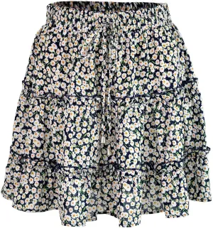 Women's Mini Skirt Summer Casual Stretch Waist Print Pleated Flared A Line Skater Shirt, S-2XL