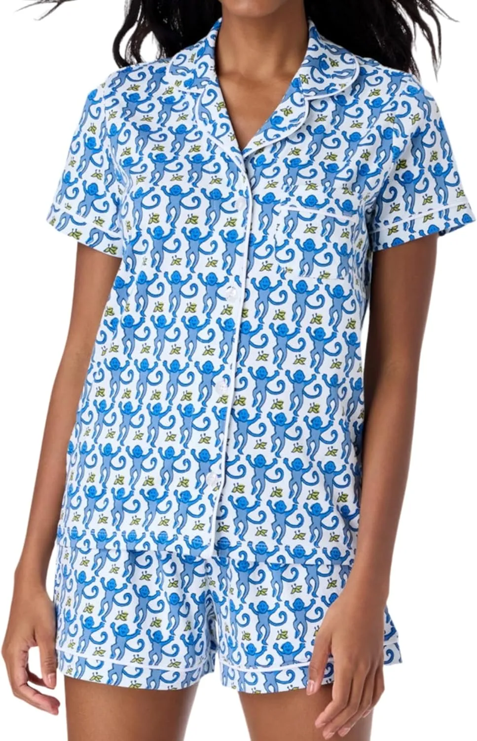 Womens Pajamas Set 2 Piece Button Down Monkey Bunny Shorts Set Y2k Roller Dupes Rabbit Preppy Loungewear Pjs Blue