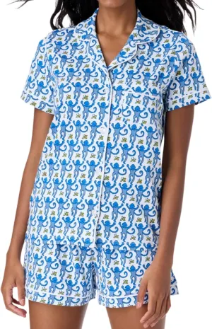 Womens Pajamas Set 2 Piece Button Down Monkey Bunny Shorts Set Y2k Roller Dupes Rabbit Preppy Loungewear Pjs Blue