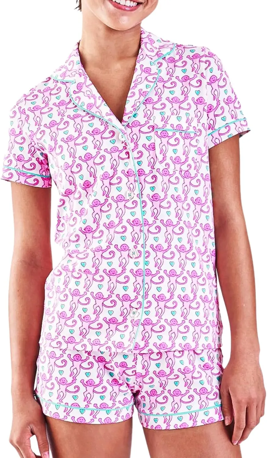 Womens Pajamas Set Trendy 2 Piece Button Down Monkey Bunny Beach Shorts Set Y2k Preppy Loungewear Pjs for Gift Party(Lovely Monkey, X-Small)