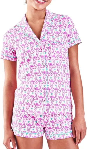 Womens Pajamas Set Trendy 2 Piece Button Down Monkey Bunny Beach Shorts Set Y2k Preppy Loungewear Pjs for Gift Party(Lovely Monkey, X-Small)