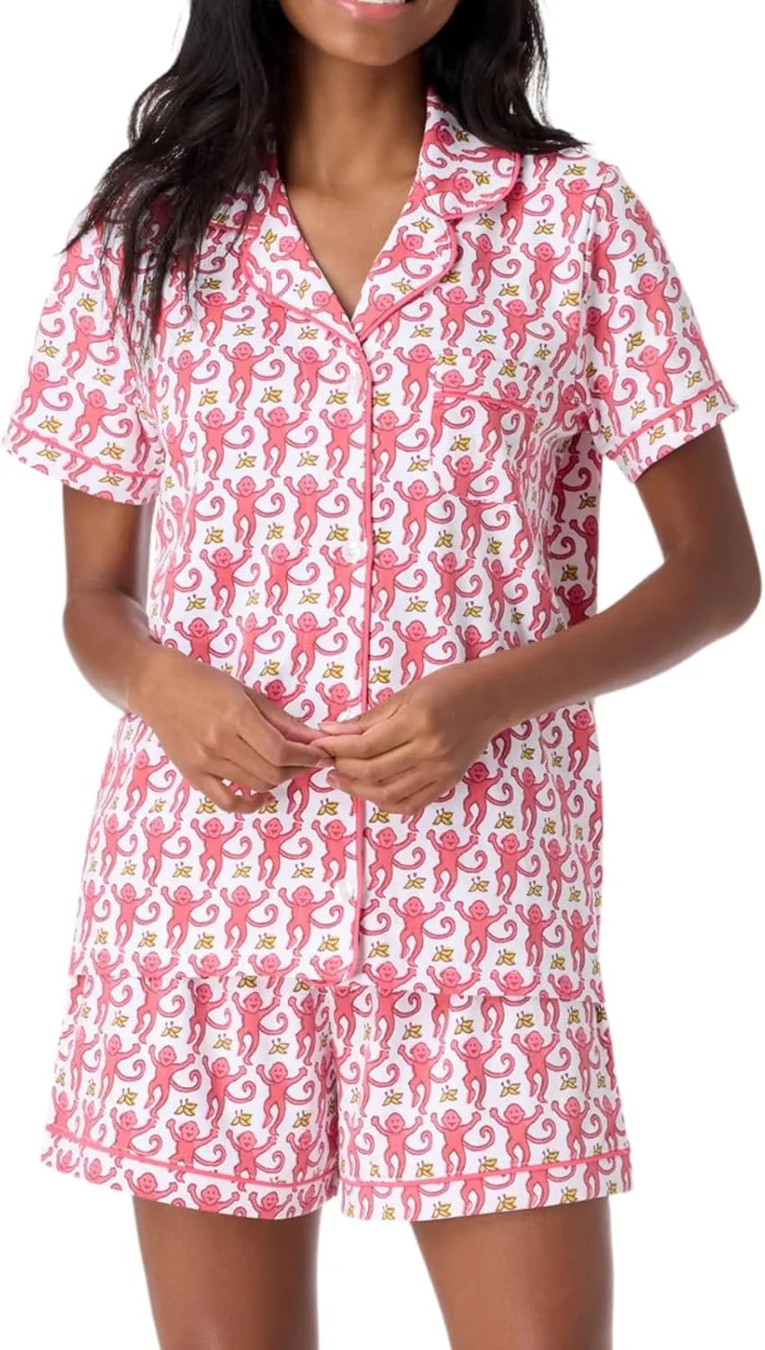 Womens Pajamas Set Trendy 2 Piece Button Down Monkey Bunny Shorts Set Y2k Roller Dupes Rabbit Preppy Loungewear Pjs Pink