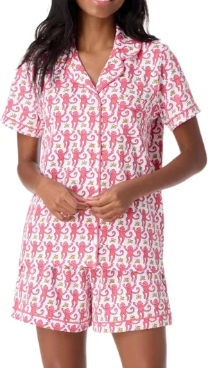 Womens Pajamas Set Trendy 2 Piece Button Down Monkey Bunny Shorts Set Y2k Roller Dupes Rabbit Preppy Loungewear Pjs Pink