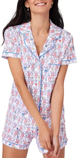 Womens Pajamas Set Trendy 2 Piece Button Down Monkey Shorts Set Y2k Roller Dupes Rabbit Long Sleeve Preppy Loungewear Pjs