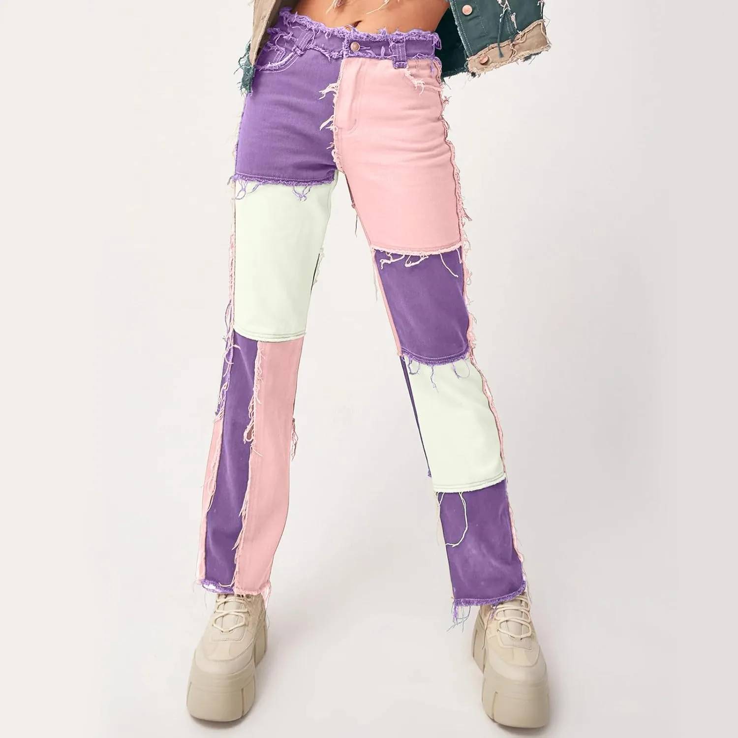 Womens Patchwork Jeans High Waisted Denim Pants Vintage Slim Fit Lounge Trousers Casual Trendy Long Pants with Pockets
