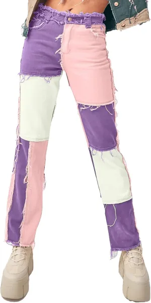 Womens Patchwork Jeans High Waisted Denim Pants Vintage Slim Fit Lounge Trousers Casual Trendy Long Pants with Pockets