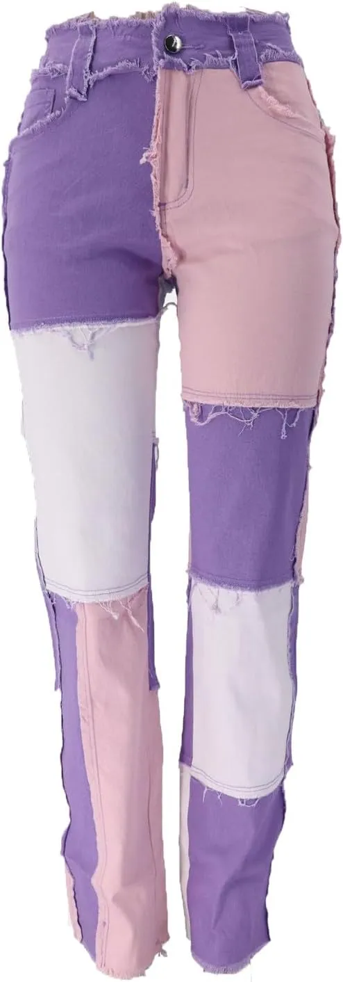 Womens Patchwork Jeans High Waisted Denim Pants Vintage Slim Fit Lounge Trousers Casual Trendy Long Pants with Pockets