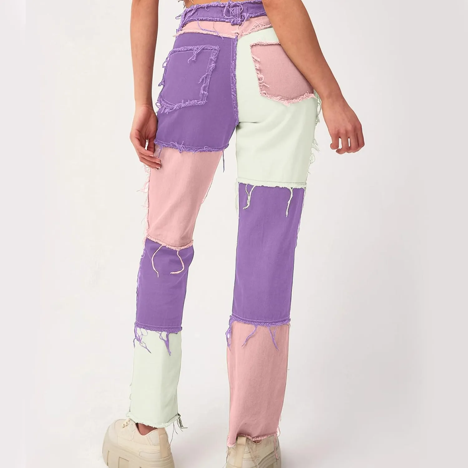 Womens Patchwork Jeans High Waisted Denim Pants Vintage Slim Fit Lounge Trousers Casual Trendy Long Pants with Pockets
