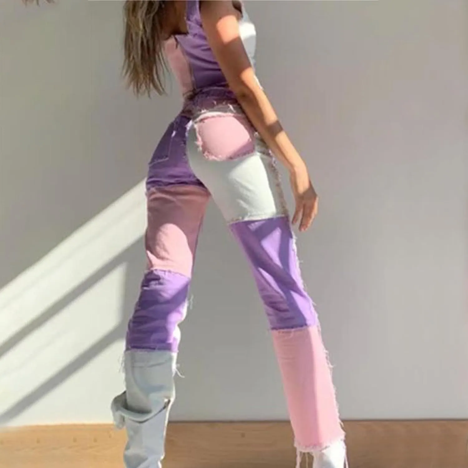 Womens Patchwork Jeans High Waisted Denim Pants Vintage Slim Fit Lounge Trousers Casual Trendy Long Pants with Pockets