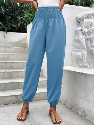 Women's Pleated Elastic High Waist Harem Pants Boho Beach Loose Trousers Harem Hippie Palazzo Pants