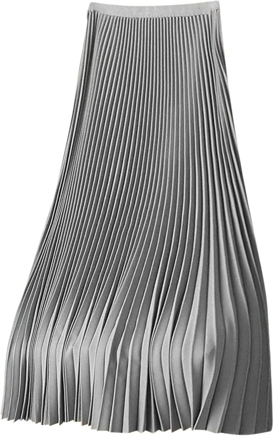 Womens Pleated Midi Skirt, High Waist Swing Boho Pleated Skirt Casual Elastic A line Flowy Long Skirts