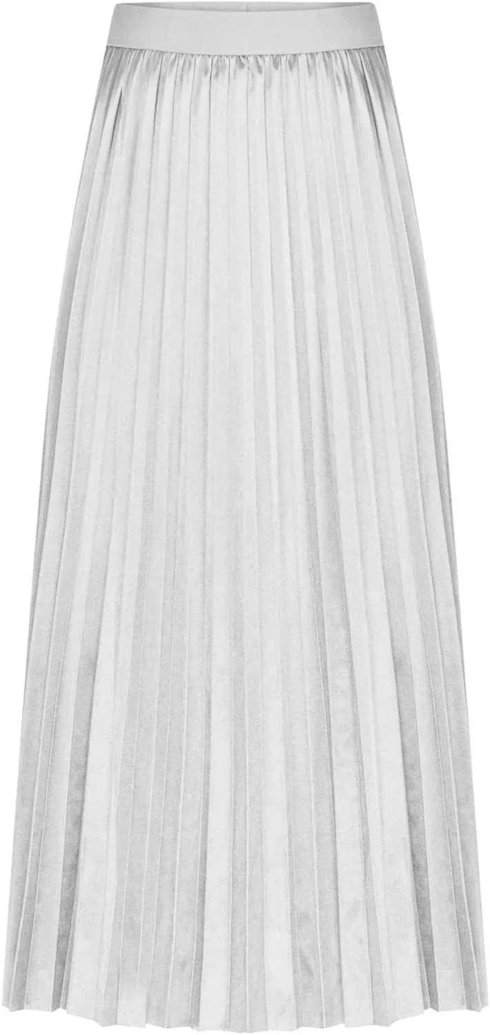Womens Pleated Midi Skirt, High Waist Swing Boho Pleated Skirt Casual Elastic A line Flowy Long Skirts