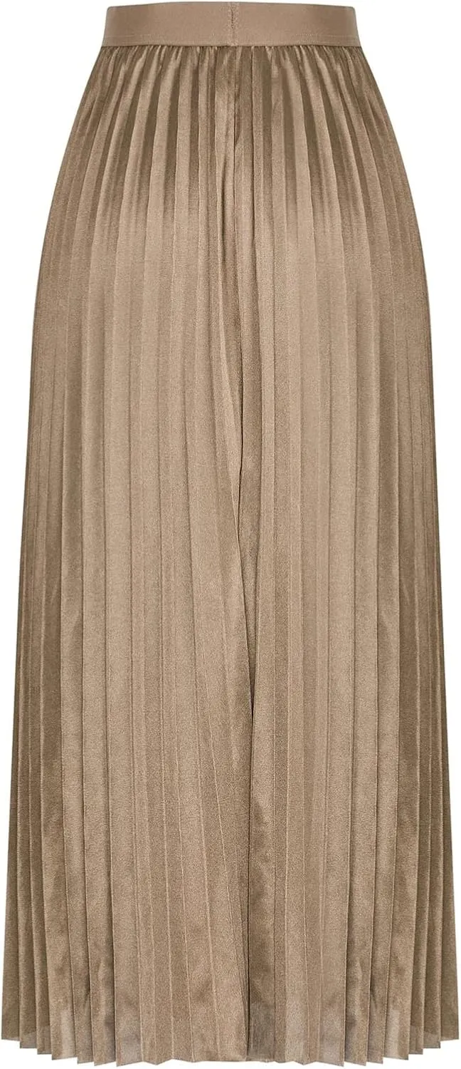 Womens Pleated Midi Skirt, High Waist Swing Boho Pleated Skirt Casual Elastic A line Flowy Long Skirts