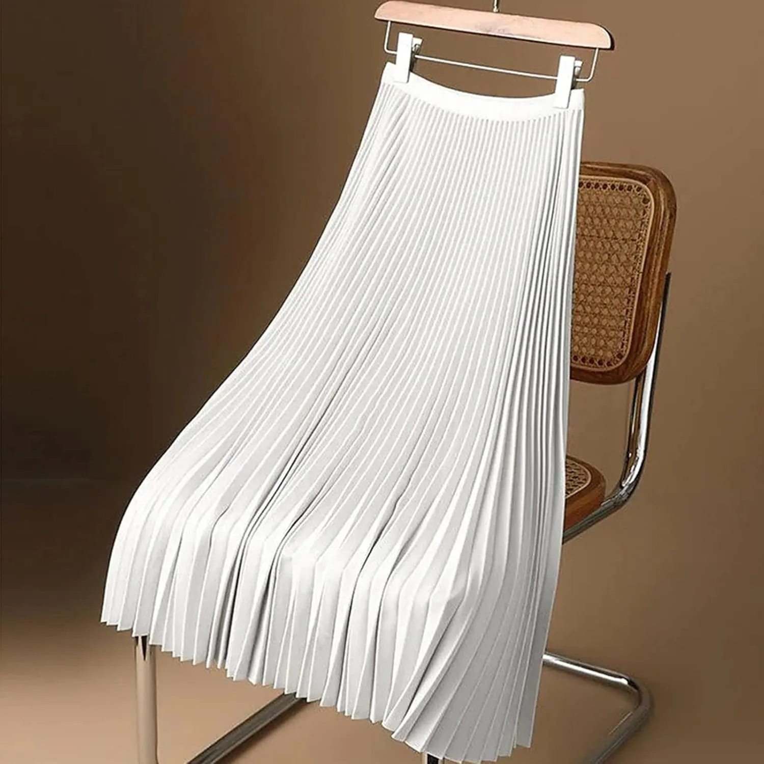 Womens Pleated Midi Skirt, High Waist Swing Boho Pleated Skirt Casual Elastic A line Flowy Long Skirts