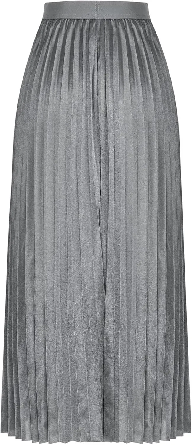 Womens Pleated Midi Skirt, High Waist Swing Boho Pleated Skirt Casual Elastic A line Flowy Long Skirts