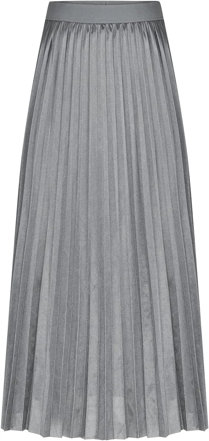 Womens Pleated Midi Skirt, High Waist Swing Boho Pleated Skirt Casual Elastic A line Flowy Long Skirts
