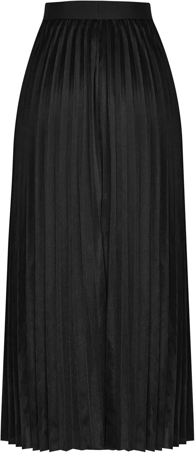 Womens Pleated Midi Skirt, High Waist Swing Boho Pleated Skirt Casual Elastic A line Flowy Long Skirts