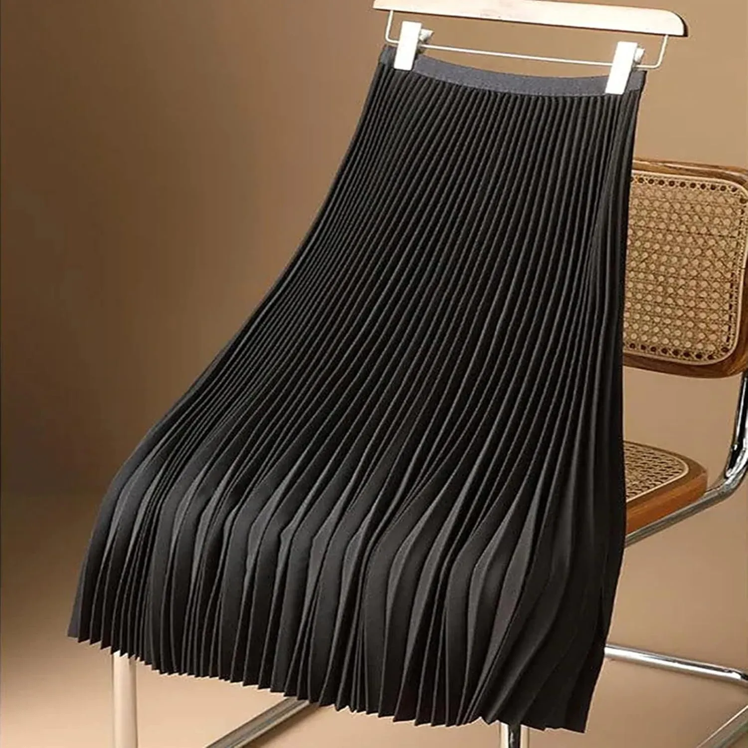 Womens Pleated Midi Skirt, High Waist Swing Boho Pleated Skirt Casual Elastic A line Flowy Long Skirts