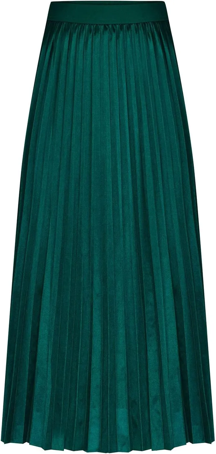 Womens Pleated Midi Skirt, High Waist Swing Boho Pleated Skirt Casual Elastic A line Flowy Long Skirts