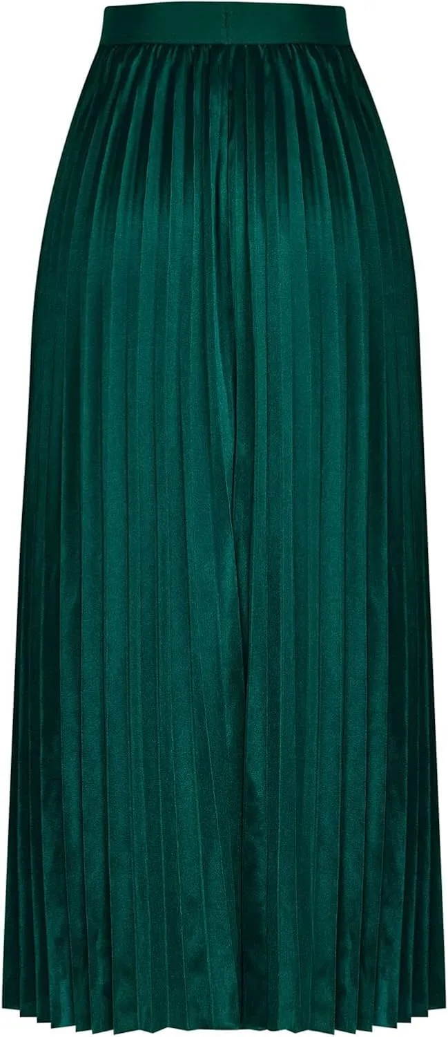 Womens Pleated Midi Skirt, High Waist Swing Boho Pleated Skirt Casual Elastic A line Flowy Long Skirts