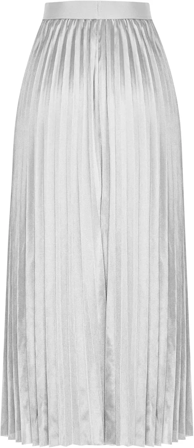 Womens Pleated Midi Skirt, High Waist Swing Boho Pleated Skirt Casual Elastic A line Flowy Long Skirts
