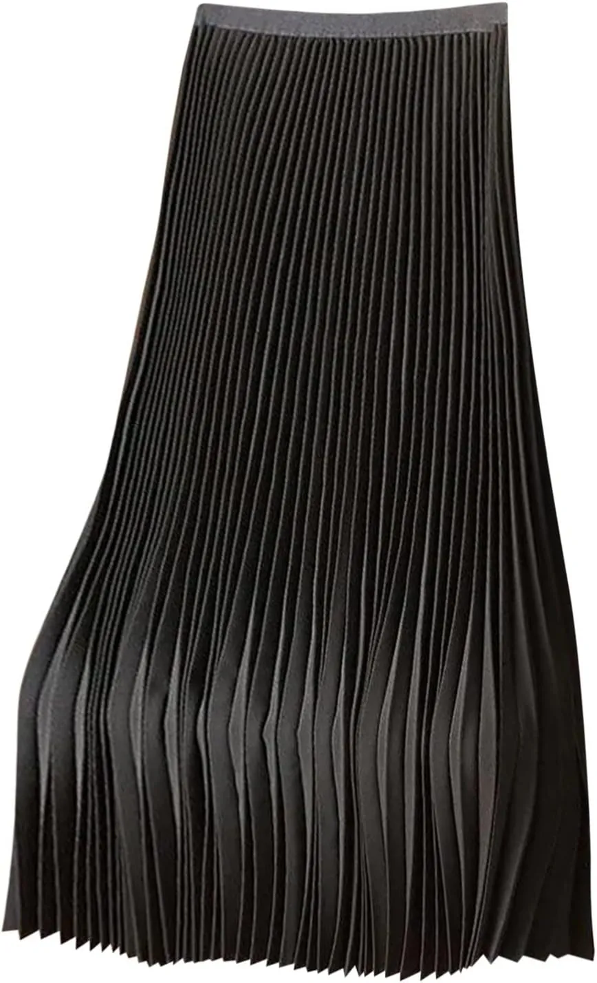 Womens Pleated Midi Skirt, High Waist Swing Boho Pleated Skirt Casual Elastic A line Flowy Long Skirts