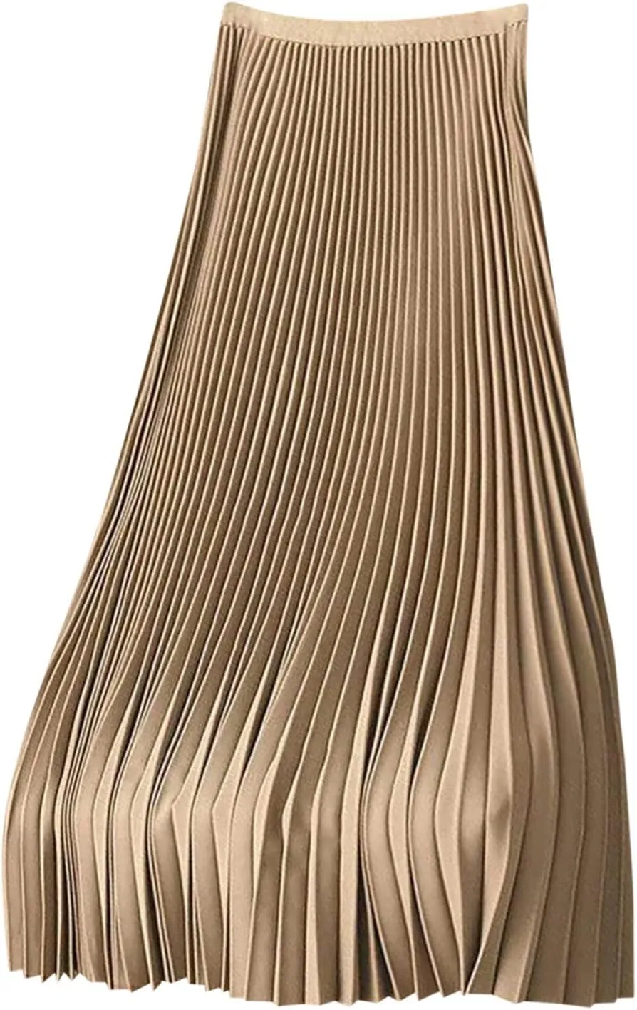 Womens Pleated Midi Skirt, High Waist Swing Boho Pleated Skirt Casual Elastic A line Flowy Long Skirts