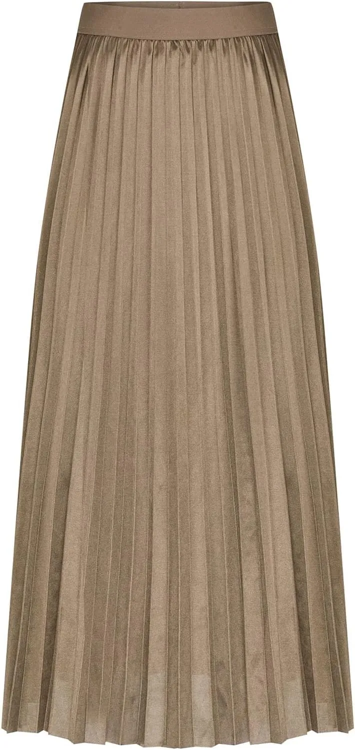 Womens Pleated Midi Skirt, High Waist Swing Boho Pleated Skirt Casual Elastic A line Flowy Long Skirts