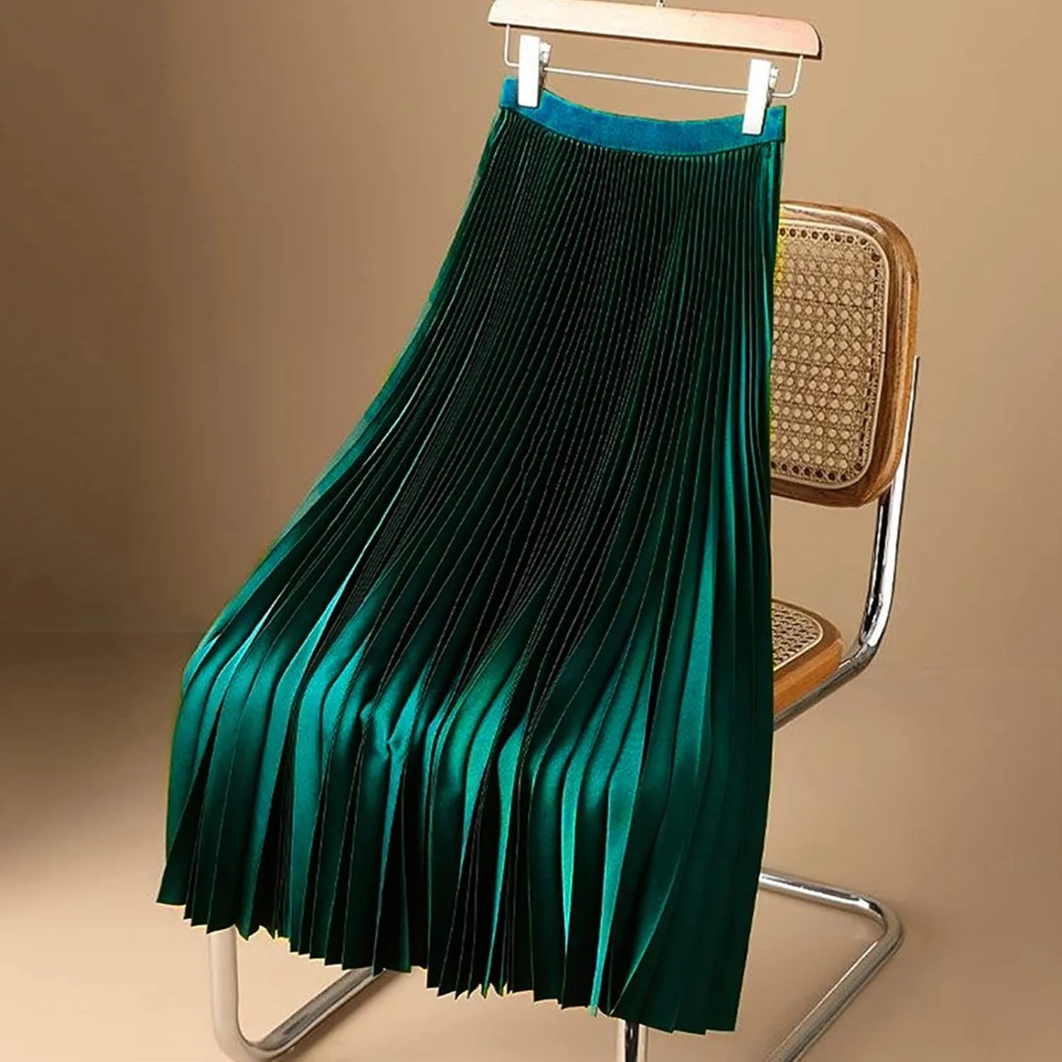 Womens Pleated Midi Skirt, High Waist Swing Boho Pleated Skirt Casual Elastic A line Flowy Long Skirts