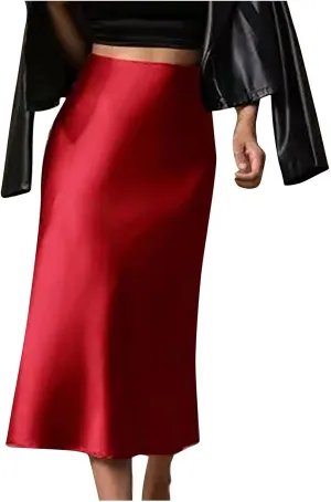 Women's Satin High Waist Maxi Skirts Slim Solid Color Mid Length Hip Fishtail Skirt High Waisted Wrapped Skirts Trendy