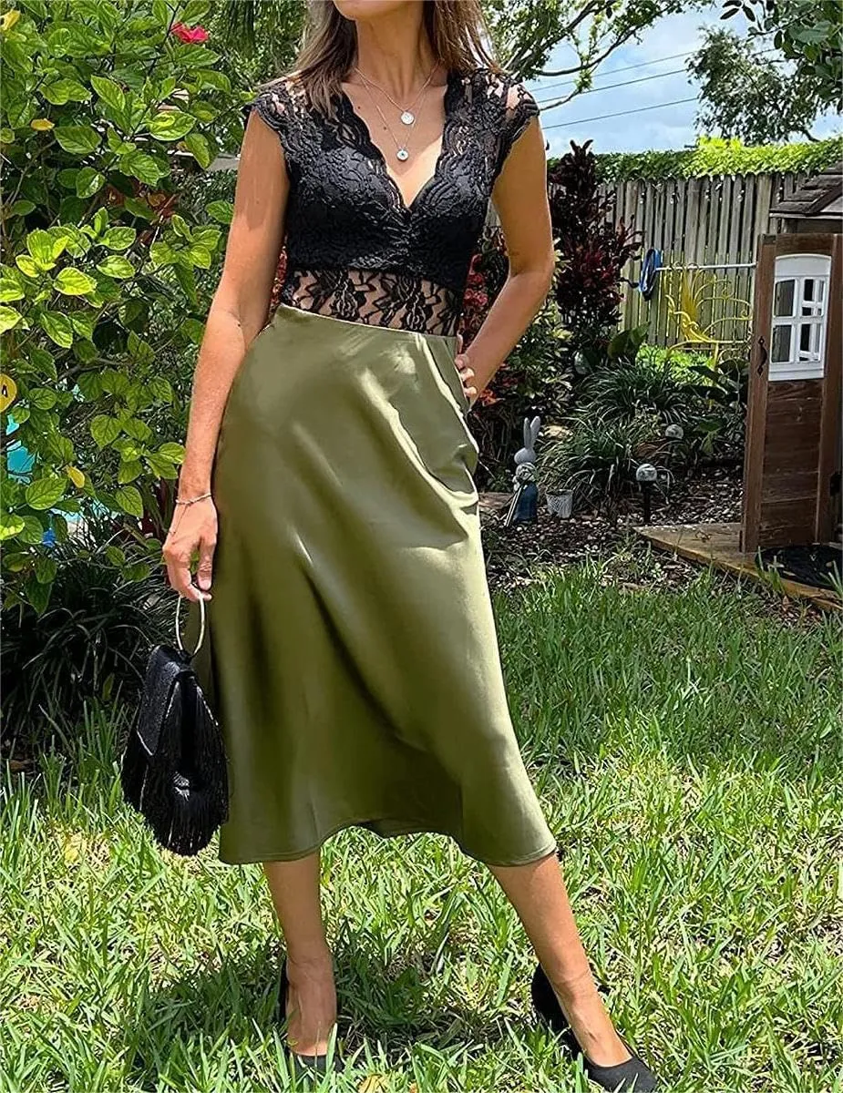 Womens Satin High Waist Skirt Summer Silk Elegant A Line Long Skirts 2025 Sexy Cocktail Party Wedding Midi Skirt