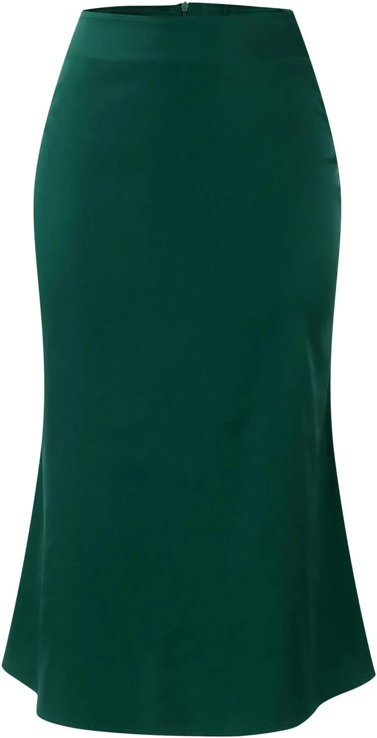 Womens Satin Skirts Casual Silk Midi Skirt High Waisted Flared A-line Long Skirts Zipper Elegant Work Skirts