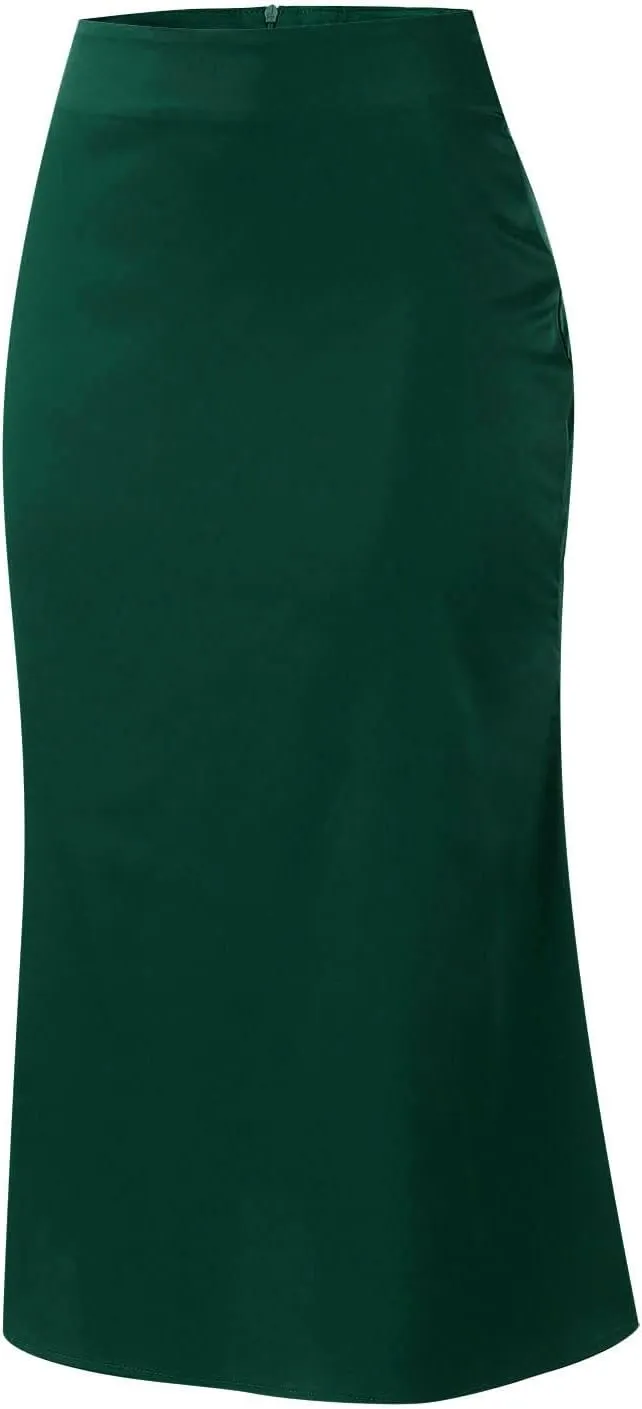 Womens Satin Skirts Casual Silk Midi Skirt High Waisted Flared A-line Long Skirts Zipper Elegant Work Skirts