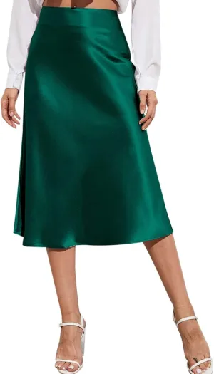Womens Satin Skirts Casual Silk Midi Skirt High Waisted Flared A-line Long Skirts Zipper Elegant Work Skirts