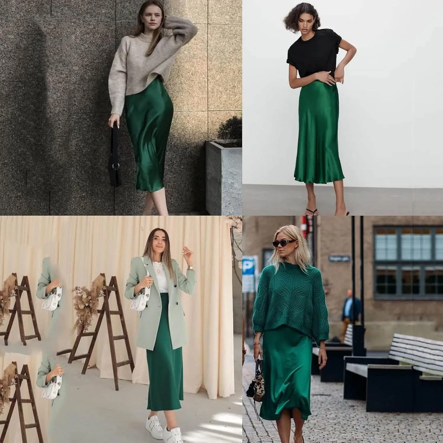 Womens Satin Skirts Casual Silk Midi Skirt High Waisted Flared A-line Long Skirts Zipper Elegant Work Skirts