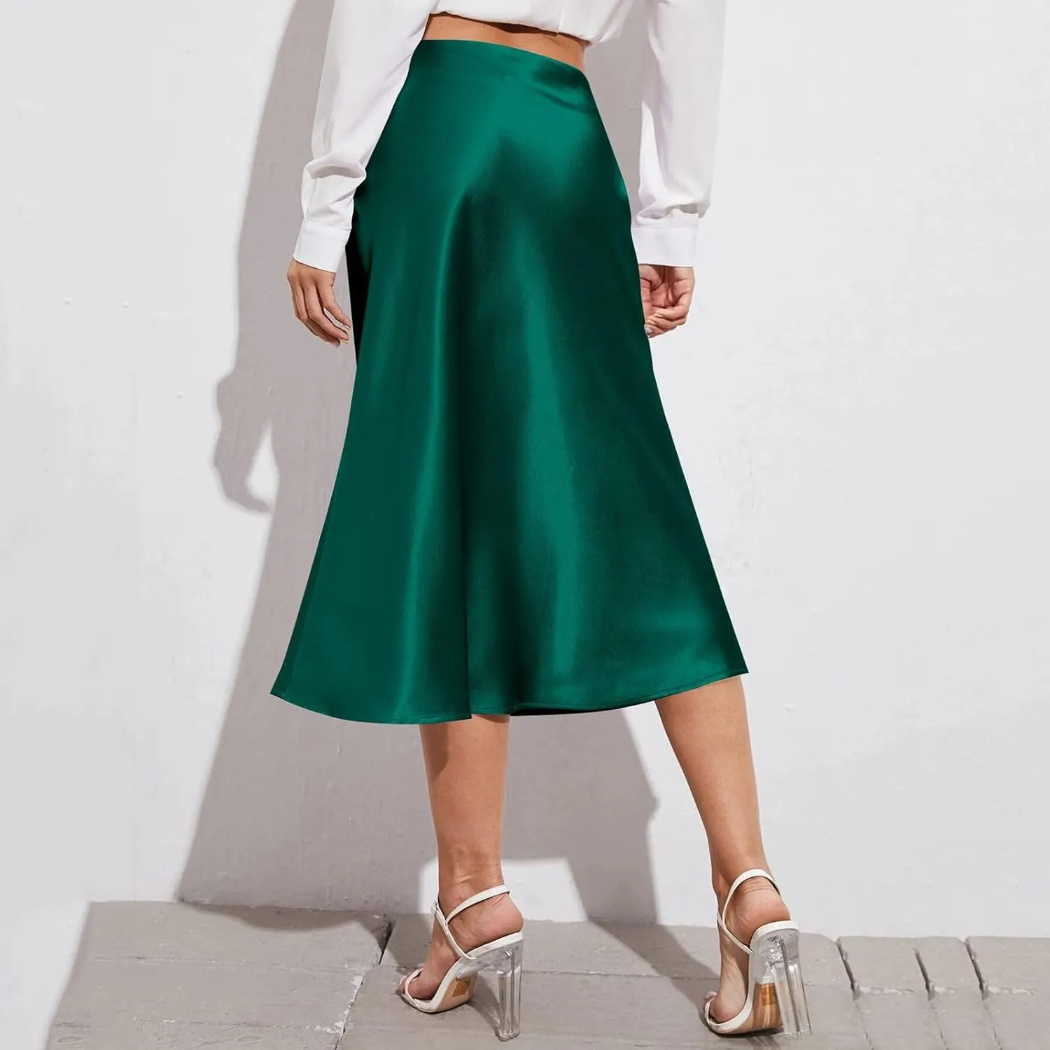 Womens Satin Skirts Casual Silk Midi Skirt High Waisted Flared A-line Long Skirts Zipper Elegant Work Skirts
