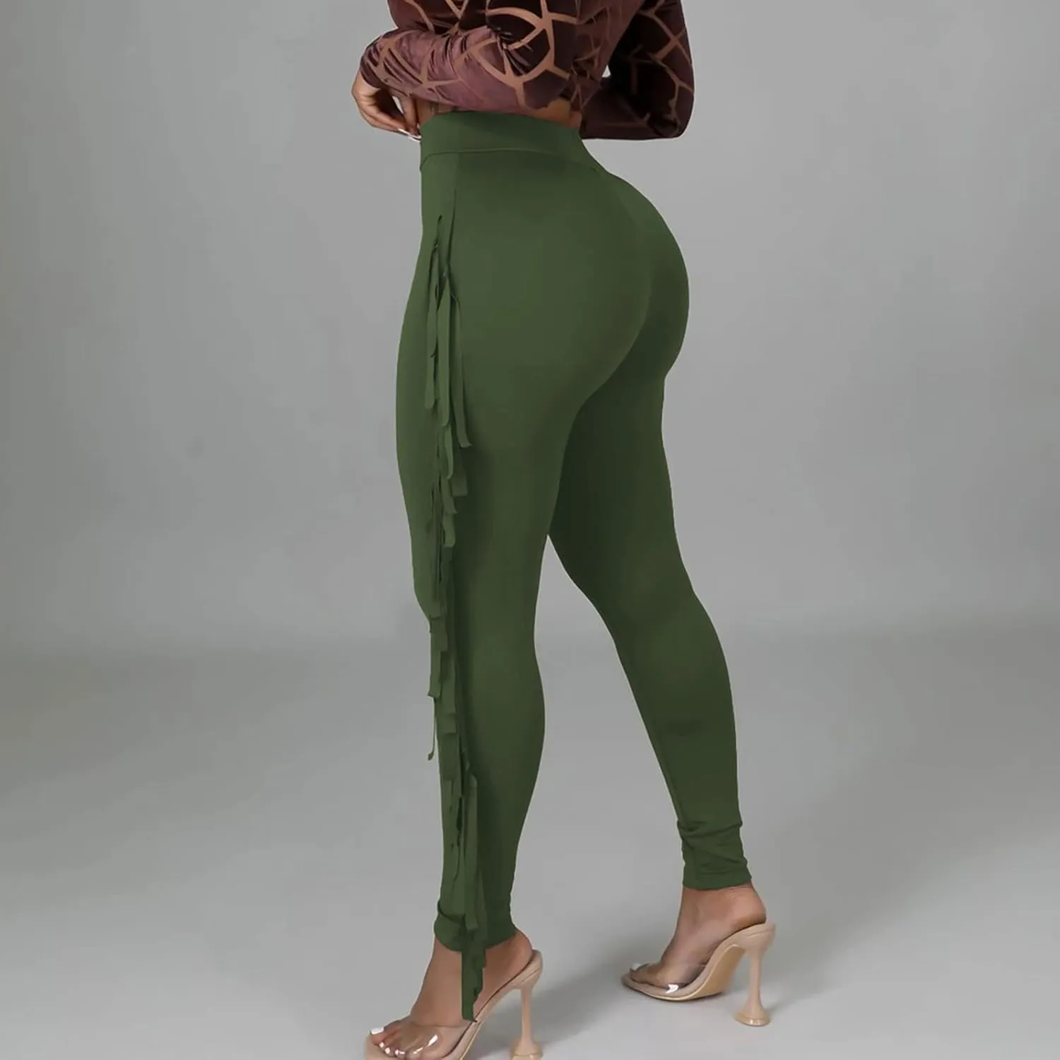 Womens Sexy Curvy Pants Fringed High Waist Skinny Slim Fit Trousers Tight Pants Trendy Casual Solid Long Trousers