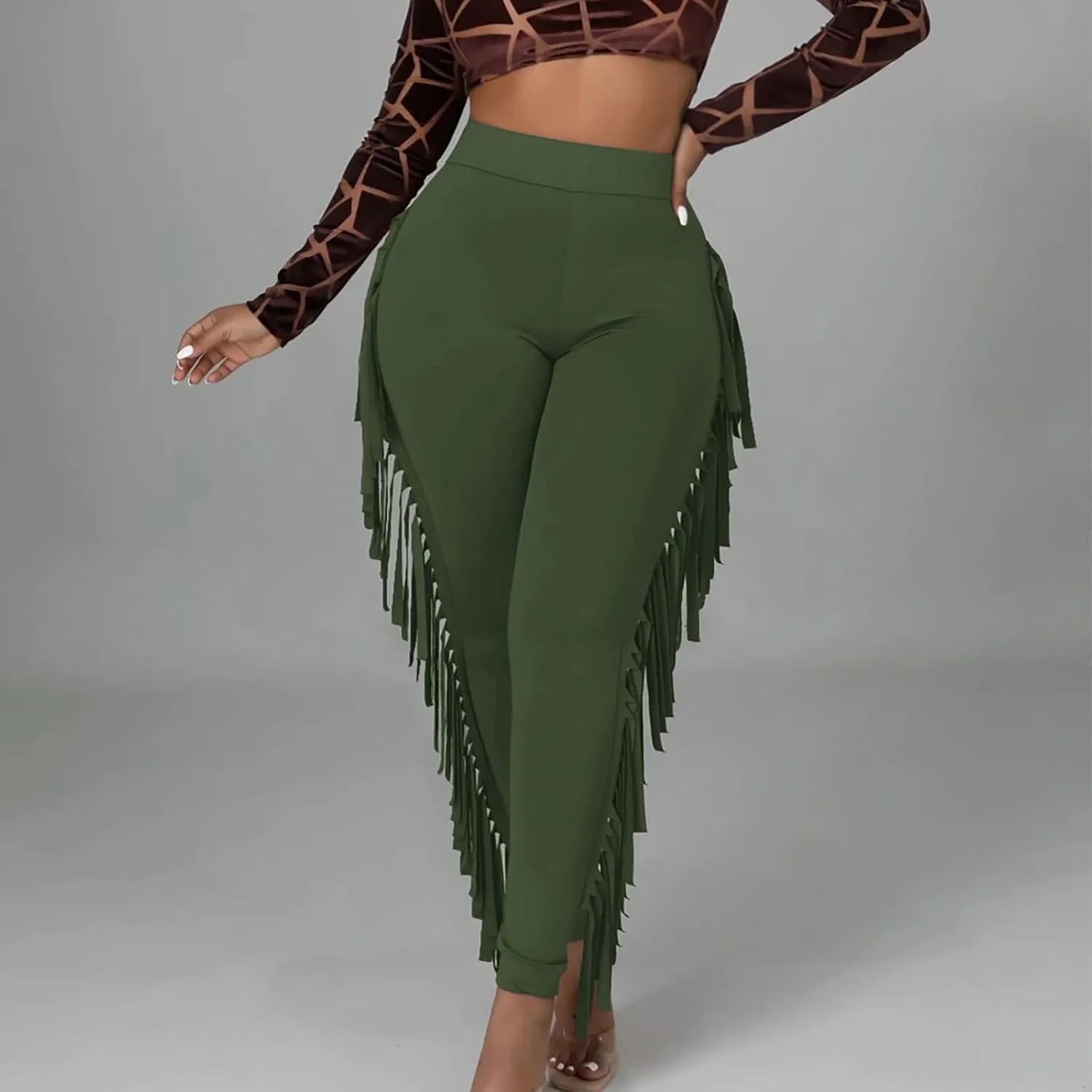 Womens Sexy Curvy Pants Fringed High Waist Skinny Slim Fit Trousers Tight Pants Trendy Casual Solid Long Trousers