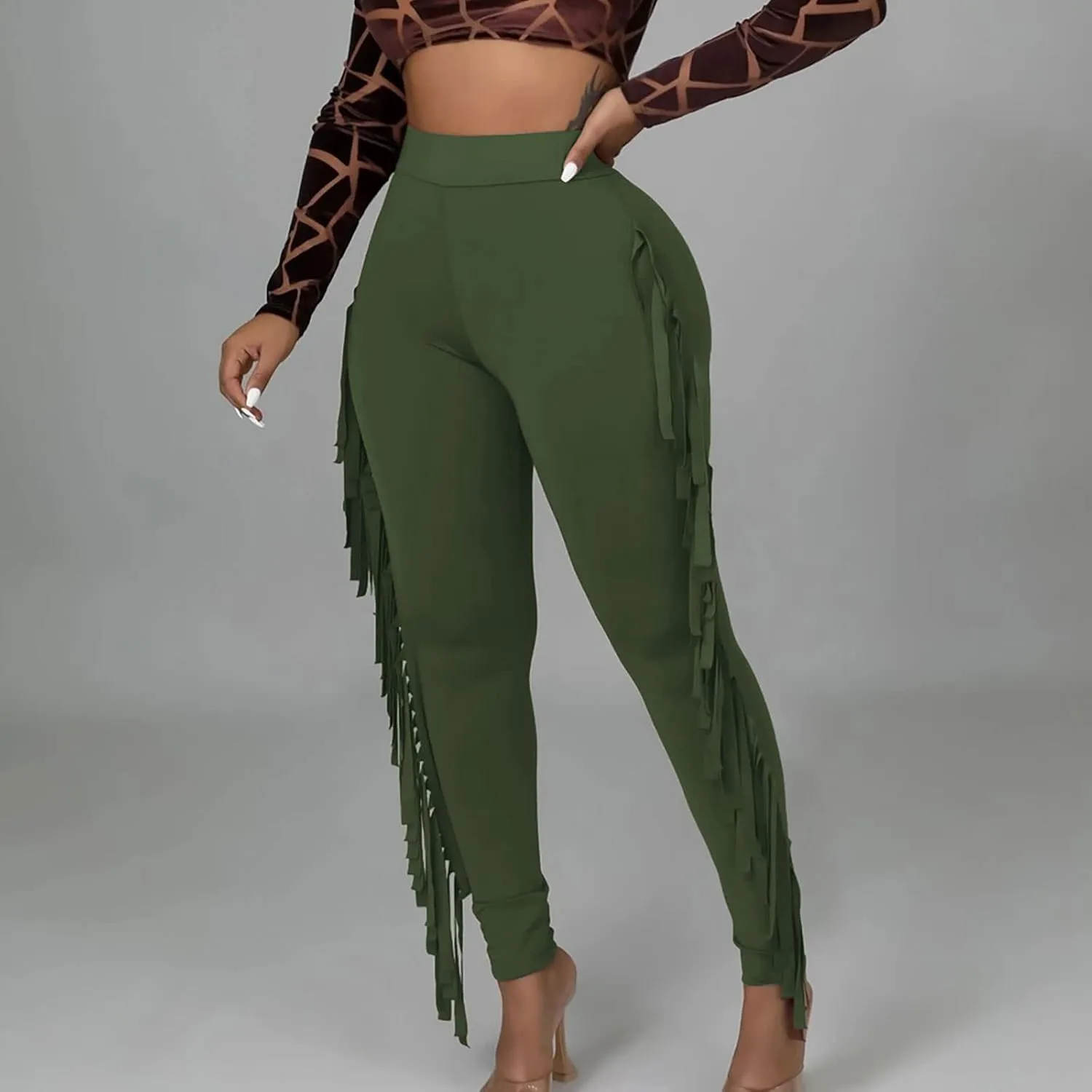 Womens Sexy Curvy Pants Fringed High Waist Skinny Slim Fit Trousers Tight Pants Trendy Casual Solid Long Trousers