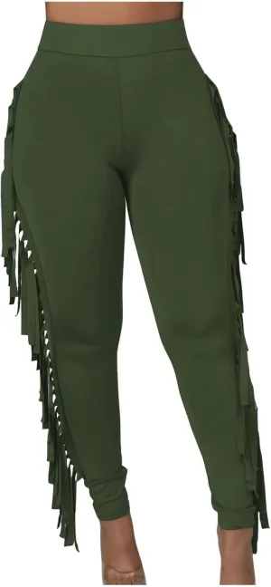 Womens Sexy Curvy Pants Fringed High Waist Skinny Slim Fit Trousers Tight Pants Trendy Casual Solid Long Trousers