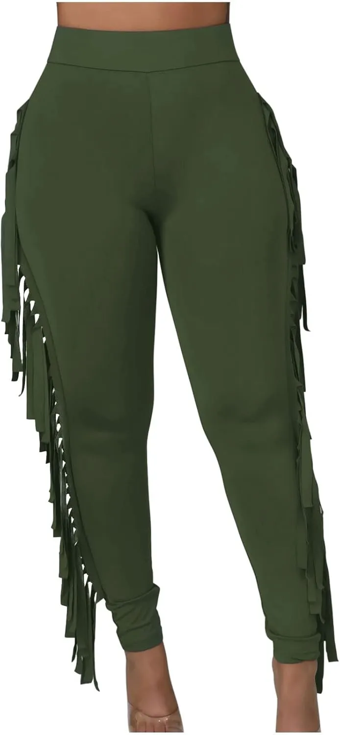Womens Sexy Curvy Pants Fringed High Waist Skinny Slim Fit Trousers Tight Pants Trendy Casual Solid Long Trousers