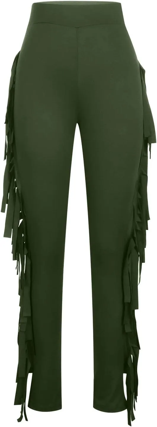 Womens Sexy Curvy Pants Fringed High Waist Skinny Slim Fit Trousers Tight Pants Trendy Casual Solid Long Trousers